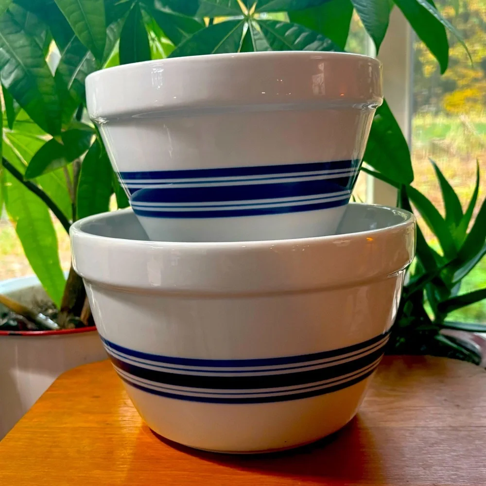 Two Crate and Barrel Heavy Ceramic Bowls White with Blue Stripes